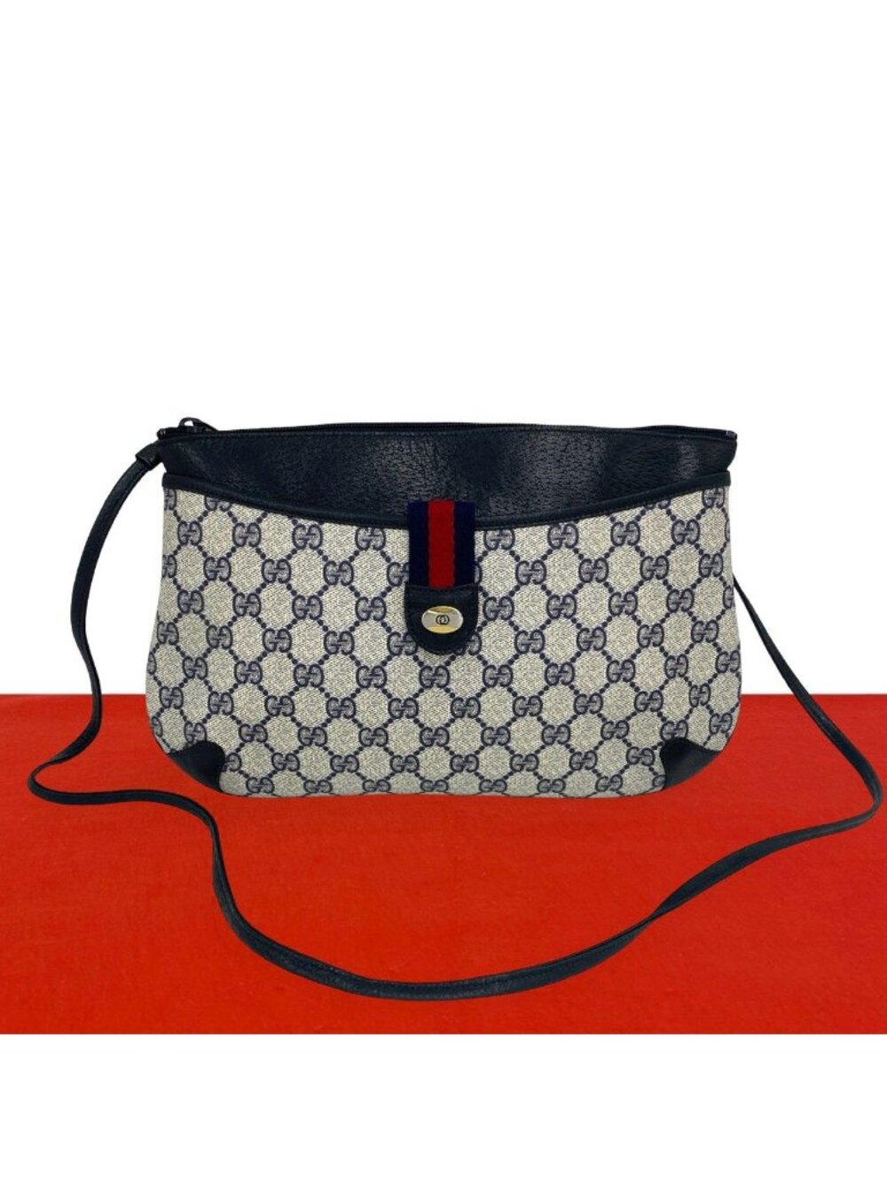 Gucci Vintage Sherry Line GG Logo Pattern Leather Shoulder Bag Pochette Navy